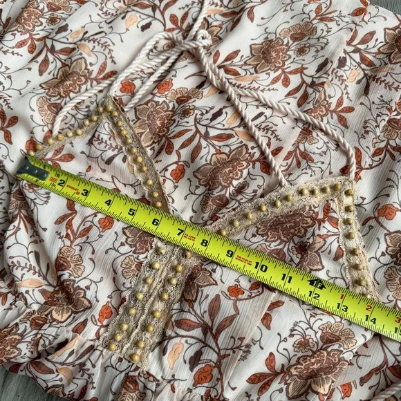 Y2K Miss Me Floral Boho Maxi Dress Small Halter Neck Beaded Lace Trim Cream Rust - Picture 5 of 5